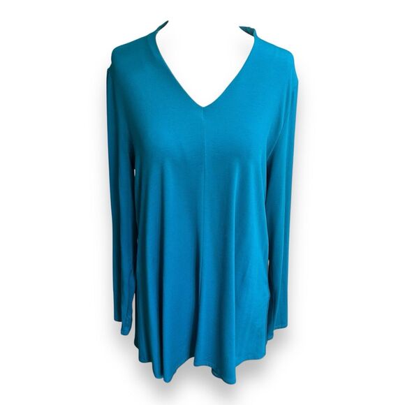 Eileen Fisher Peacock Teal V Neck Tunic Aqua Blue Size Lagenlook Medium - Picture 1 of 11